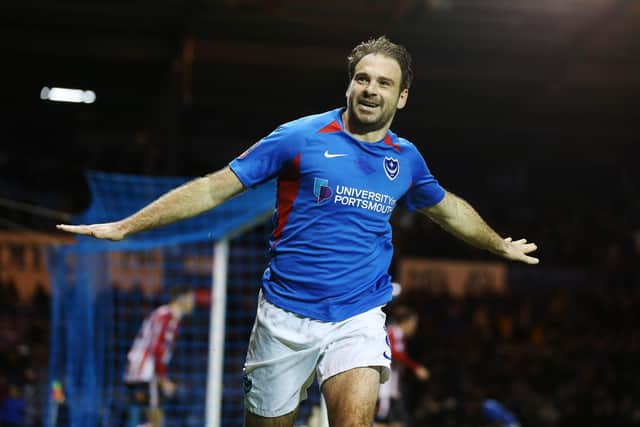 Brett Pitman in happier times. However, he returned to Pompey's squad against MK Dons after 12 matches away. Picture: Joe Pepler