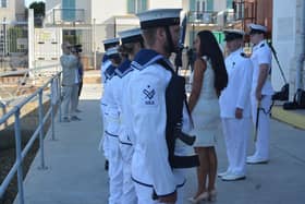 Gibraltar's mayor and former Miss World, Kaiane Aldorino Lopez, speaking to crew of HMS Dagger