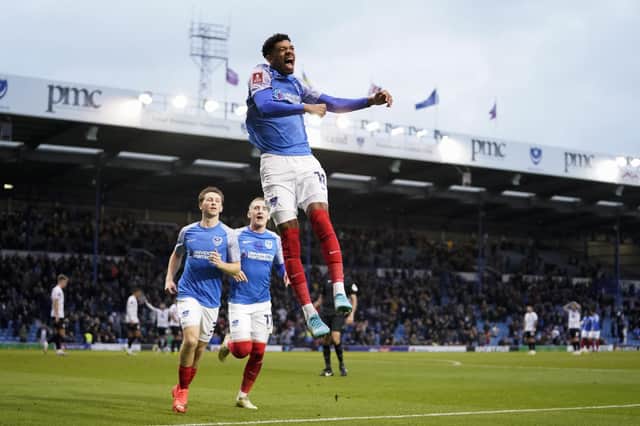 Reeco Hackett levels for Pompey at 1-1 in this afternoon's 3-2 win over MK Dons in the FA Cup. Picture: Jason Brown/ProSportsImages