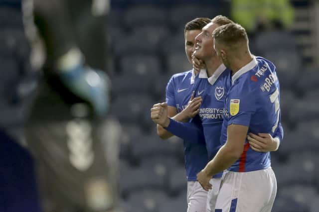 Ronan Curtis celebrates his goal - and Pompey's third - in the 4-0 hammering of Northampton on Tuesday night. Picture: Robin Jones/Getty Images