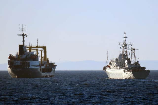 HMS Tyne has been tracking two Russian warships - the intelligence ship Viktor Leonov and supporting tanker Sergey Osipov (left) - in UK waters. Picture: Royal Navy