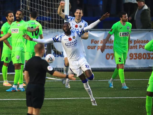 Mo Faal celebrates heading home Hawks' second  goal against Hemel. Picture by Dave Haines