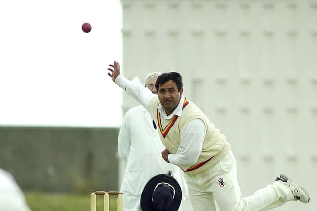 Raj Maru in bowling action for Portsmouth in 2001 against Hambledon at Southsea