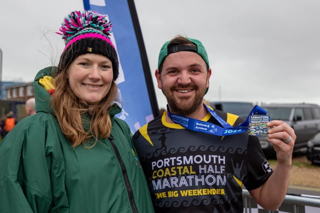Caroline Jarvis (29) and husband Ben Jarvis (33) after finishing the Langstone Harbour Half Marathon Picture: Mike Cooter (170224)