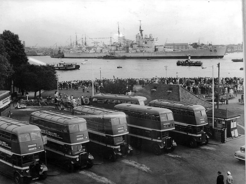 Provincial buses lined up at Gosport Ferry Gardens as HMS Vanguard leaves Portsmouth Habour for the last time in August 1960.
