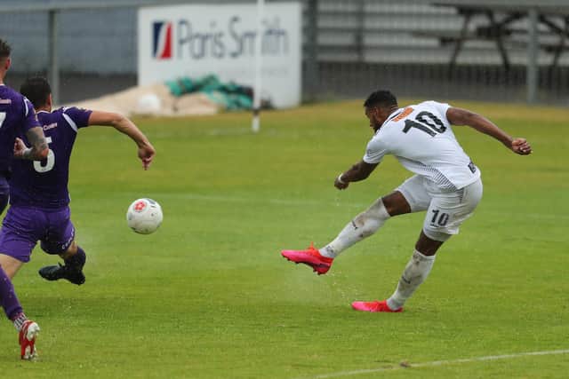 Jonah Ayunga fires in a shot against Dartford. Photo by Dave Haines