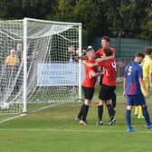 Fareham celebrate a goal against US Portsmouth - one of 117 scored in their 21 Wessex League Premier fixtures this season. Picture: Paul Proctor.