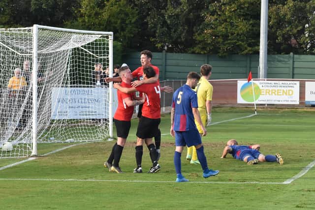 Fareham celebrate a goal against US Portsmouth - one of 117 scored in their 21 Wessex League Premier fixtures this season. Picture: Paul Proctor.