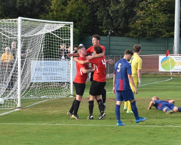 Fareham celebrate a goal against US Portsmouth - one of 117 scored in their 21 Wessex League Premier fixtures this season. Picture: Paul Proctor.