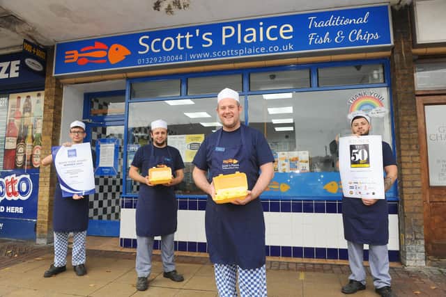Scott's Plaice in Gregson Avenue, Gosport, has been placed in the Top 50 for Best Takeaways in 2020 and also won the Good Food Award for Fish and Chips.Pictured is: (l-r) Joshua Austin, Steven King, Scott Turner and Joshua Noyce.Picture: Sarah Standing (241020-6735) 