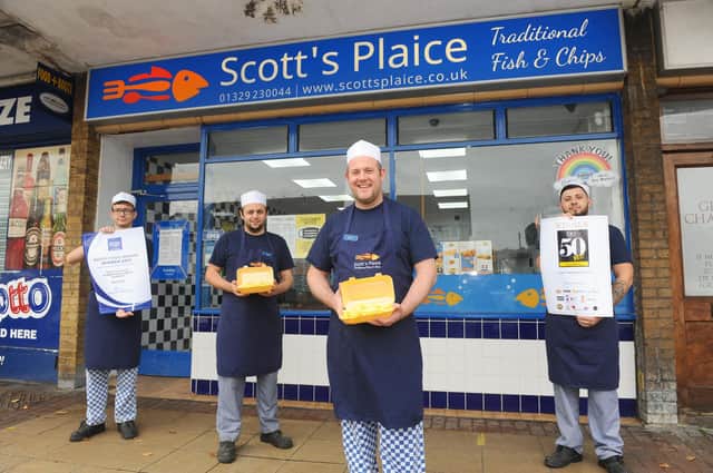 Scott's Plaice in Gregson Avenue, Gosport, has been placed in the Top 50 for Best Takeaways in 2020 and also won the Good Food Award for Fish and Chips.

Pictured is: (l-r) Joshua Austin, Steven King, Scott Turner and Joshua Noyce.

Picture: Sarah Standing (241020-6735) 