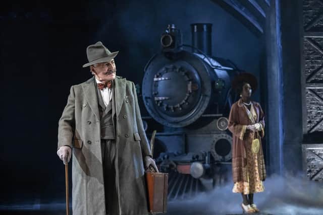 Henry Goodman as Hercule Poirot & Taz Munyaneza as Mary Debenham in Murder on the Orient Express at Chichester Festival Theatre. Photo by Johan Persson