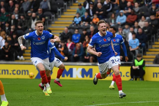 Terry Devlin celebrates opening the scoring for Pompey against Hull in the 16th minute. Picture: Ian Lyall/ProSportsImages