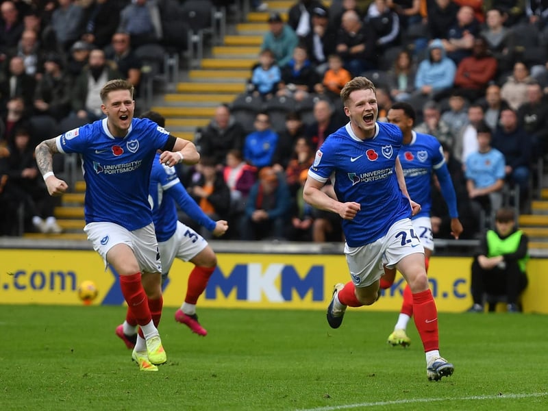 Terry Devlin celebrates opening the scoring for Pompey against Hull in the 16th minute. Picture: Ian Lyall/ProSportsImages