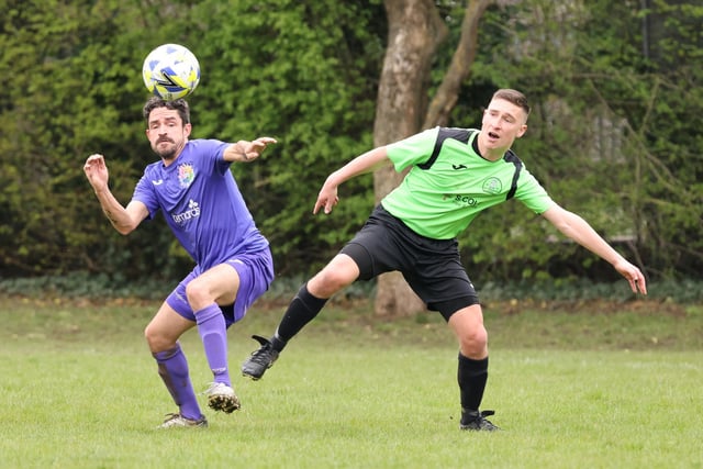 Action from the City of Portsmouth Sunday League Division Four match between AFC Bedhampton Village reserves and Friends Fighting Cancer (purple kit). Picture: Kevin Shipp