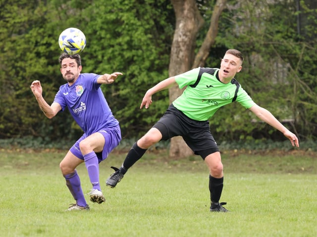Action from the City of Portsmouth Sunday League Division Four match between AFC Bedhampton Village reserves and Friends Fighting Cancer (purple kit). Picture: Kevin Shipp