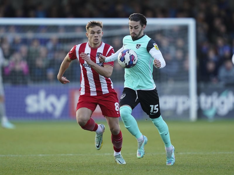 Owen Dale under pressure from Exeter City midfielder Archie Collins