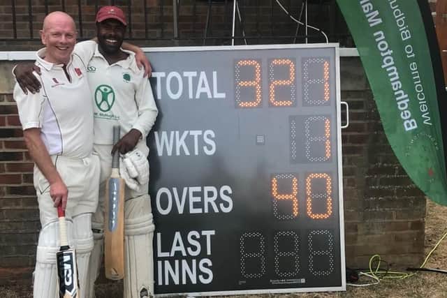 Gary Hounsome and Steve Rudder after sharing a triple century stand in the Hampshire League.