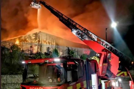 Fire engines at the scene of the warehouse fire last night
