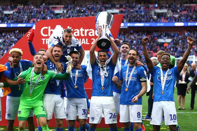 Pompey celebrate winning the Checkatrade Trophy at Wembley Stadium in March  2019. Photo by Jordan Mansfield/Getty Images.