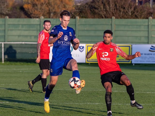 Baffins Milton Rovers striker Tom Vincent, left. Picture: Mike Cooter