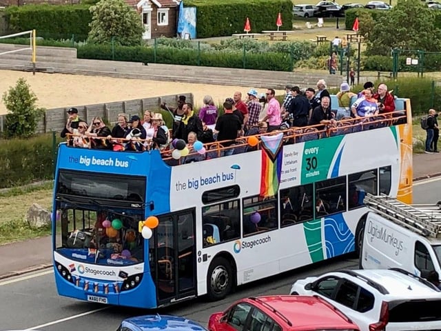 Stagecoach South open top double decker at Portsmouth Pride