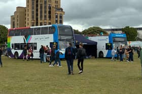 Stagecoach South Pride bus and open top double decker at Portsmouth Pride