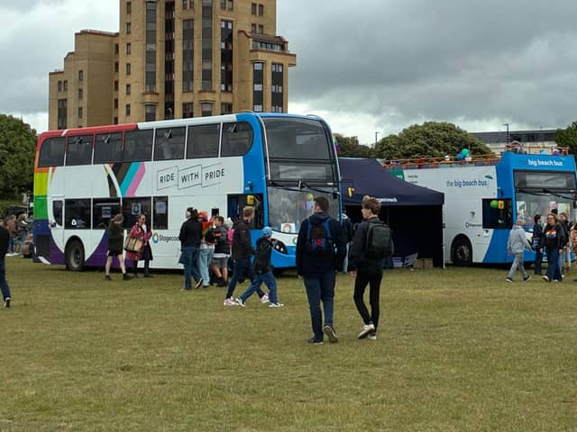 Stagecoach South Pride bus and open top double decker at Portsmouth Pride