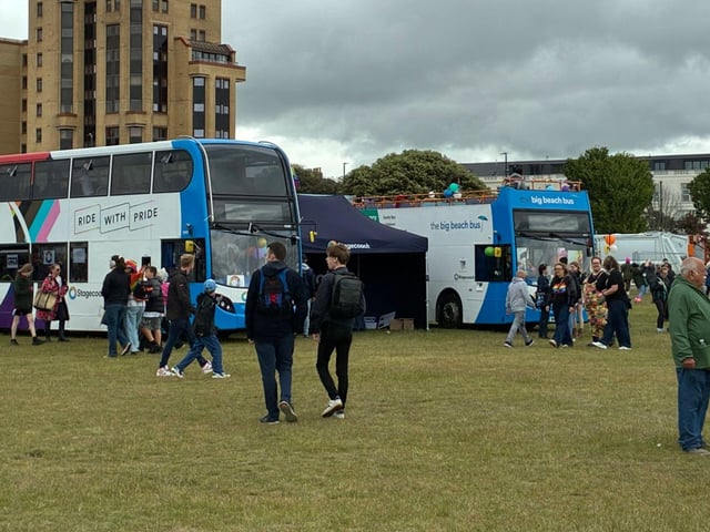 Stagecoach South Pride bus and open top double decker at Portsmouth Pride