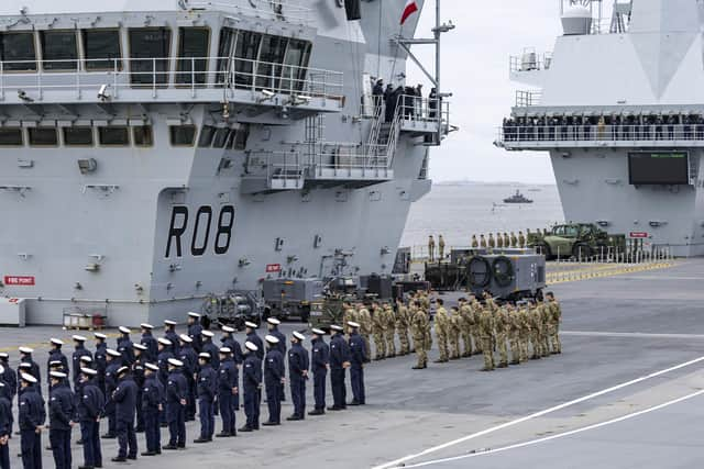 HMS Queen Elizabeth in Gothenburg, Sweden, on October 13. Embarked with HMS QUEEN ELIZABETH this is 8x F-35Bs from 617 Squadron, 3X Merlin Mk2 ASW and 2x Merlin Mk2 ASaC from 820 Naval Air Squadron (NAS), 3x Combat Wildcat AH1s from 815 NAS. Picture: AS1 Amber Mayall RAF