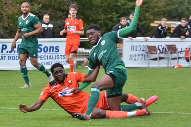 Toby Adekunle in action for Portchester during their shock Wessex League Premier home loss to Brockenhurst. Pic: Daniel Haswell.