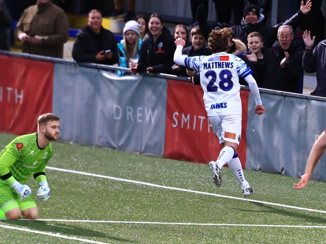 Sam Matthews wheels away after scoring Hawks' third goal. Picture by Dave Haines