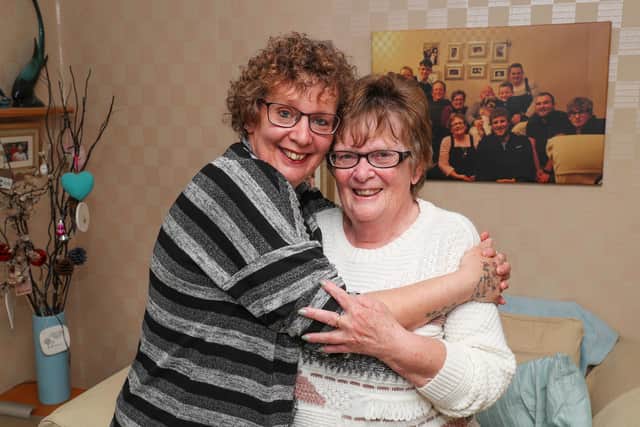 Lisa Wadey hugs her mum Angela for the first time since lockdown restrictions were relaxed. Picture: Stuart Martin (220421-7042)