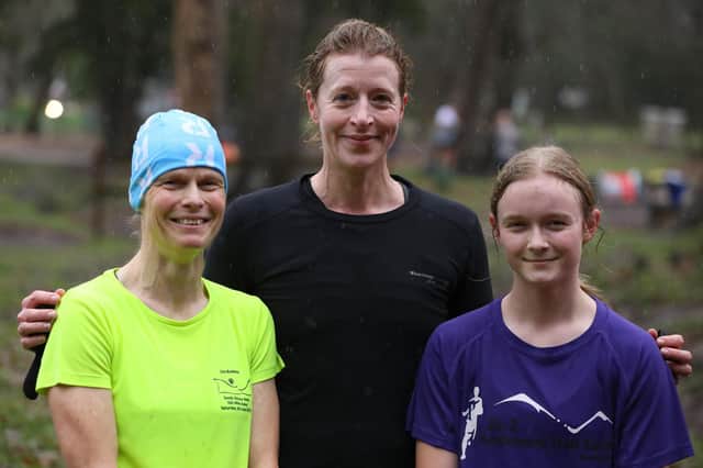 From left - Alex Coomber (second female), Jo Stanford (first) and Alex's daughter, Fin, 15, (third). Picture: Chris Moorhouse