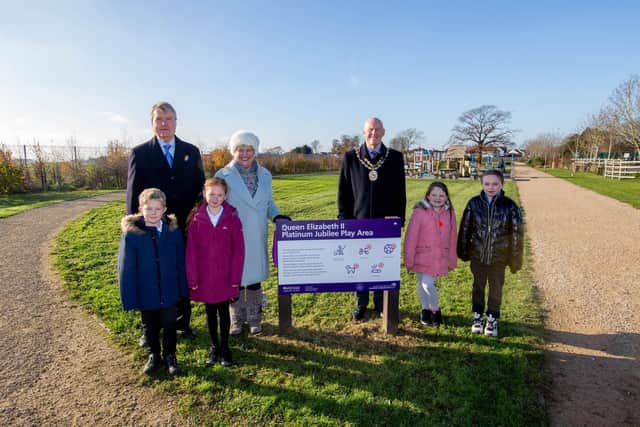 Cllr Sean Woodward with Mayoress of Fareham, Anne Ford and Mayor, Mike Ford and Crofton Anne Dale School pupils marking the opening of the play park
Picture: Habibur Rahman
