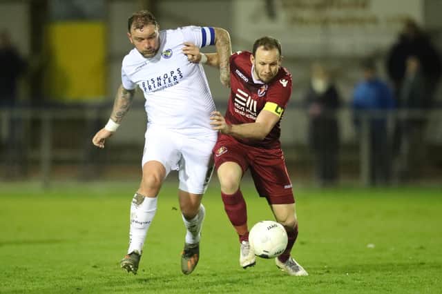 Danny Kedwell in action for Hawks against Slough earlier this year. The two teams could meet again at Westleigh Park in the play-off semi-final - but it will be a very different occasion if they do ... Photo by Dave Haines/Portsmouth News