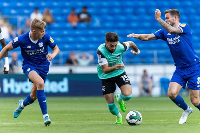 Pompey debutant Owen Dale (15) drives towards goal during their Carabao Cup encounter at Cardiff. Picture: Dan Minto/ProSportsImages