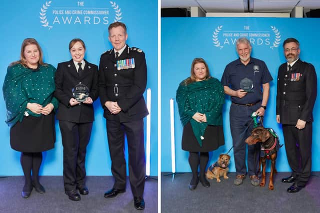 Left - PC Emma Warner, who works in Havant, won the Police Recruit of the Year award. She is pictured (middle) with Donna Jones and chief constable Scott Chilton. Right - Police Volunteer of the Year Award Peter Macpherson and his dogs, Rocco and Molly, with Donna Jones and Special Superintendent Russell Morrison.