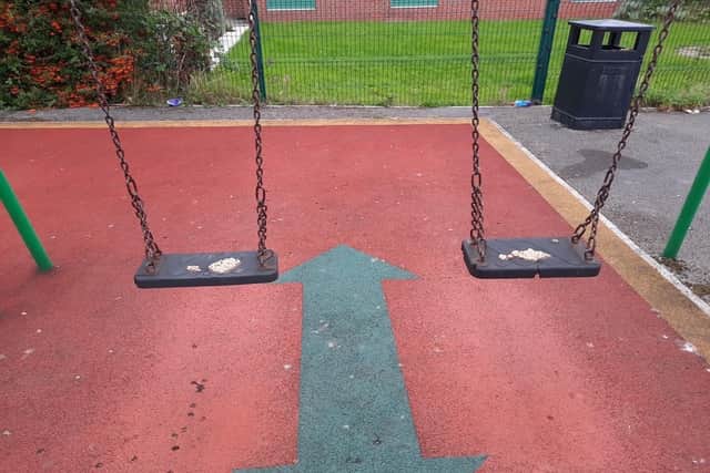 Baked beans had been left smeared on play equipment in a children's park, sparking confusion online. Photo: Facebook