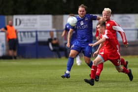 Tyler Moret (blue) played 45 minutes for Moneyfields in a friendly against the Royal Navy at HMS Temeraire on Tuesday.
Picture: Chris Moorhouse