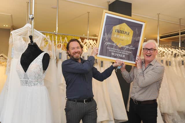 Sara Courtney from Gosport, nominated Creatiques Bridal Boutique in Southsea for the Exceptional Customer Service for Brides award in The Bridal Buyer Awards 2020 which they won.
Pictured is: (l-r) Robert and Andrew Pearce, owners of Creatiques Bridal Boutique.
Picture: Sarah Standing (221020-6390)