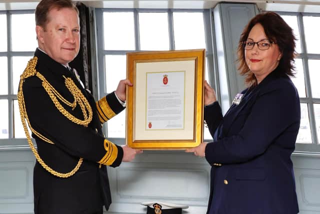Pictured: Pictured:Second Sea Lord Vice Admiral Martin Connell CBE and Mrs Alison Street on board HMS Victory.

Presentation of the Gold VC of the Late CPO G Street to his family - Second Sea Lord Vice Admiral Martin Connell CBE.

30 members of the late CPO Graham Street attended the presentation of the Gold VC to Mrs Alison Street (wife) on board HMS Victory, HMNB Portsmouth.