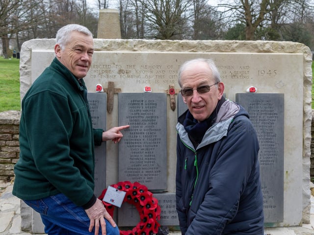 Christopher and John Judge who travelled down from Newcastle to pay tribute to their grandmother Annabelle Judge and aunt Anne Judge, who both died when a bomb destroyed Lion Terrace on the 10th January 1941. Picture: Mike Cooter (110324)