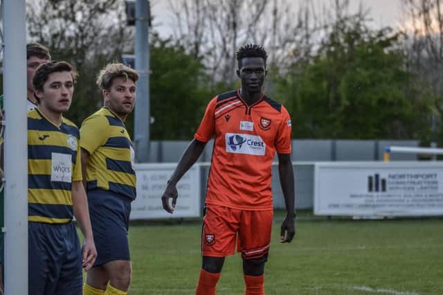 New US Portsmouth signing Lamin Jatta was sin binned on his debut in a 3-0 home loss to unbeaten Hamworthy United. Pic: Daniel Haswell.