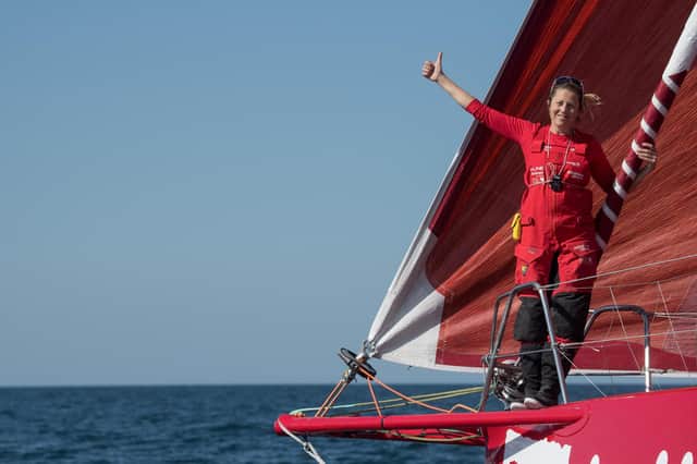 Samantha Davies is sailing on her Imoca 60 monohull Initiatives Coeur during the 2020/21 Vendee Globe. Photo by Loic Venance / AFP via Getty Images
