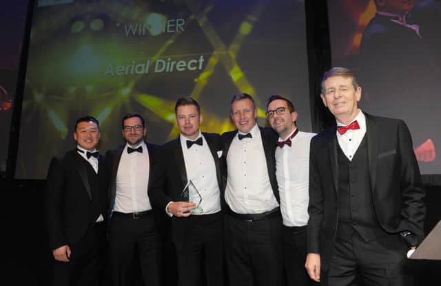 Aerial Direct representatives with category sponsor Bill Moulsdale from Giant Leap Video & Photography (far right) after the Fareham-based telecoms company won the Large Business of the Year awards at The News Business Excellence Awards held at Portsmouth Guildhall on February 21