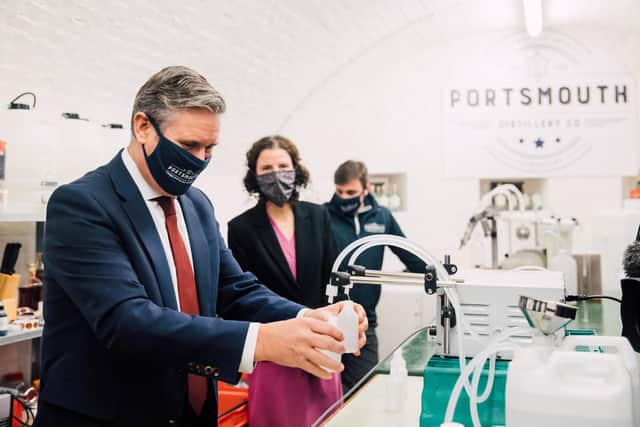 Sir Keir was shown how to bottle The Portsmouth Distillery's hand sanitiser. Picture: Labour Party