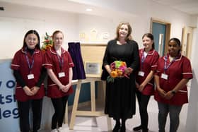 Penny Mordaunt with a few of the students at the official opening of City of Portsmouth College’s new T Level Healthcare Suite.