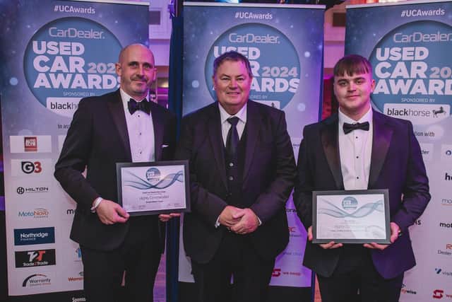Highly commended in two categories! Mike Brewer, centre, with Snows Brand Manager Paul Wilde, left, and Louis Gaskin, an apprentice technician at Snows Peugeot Portsmouth.