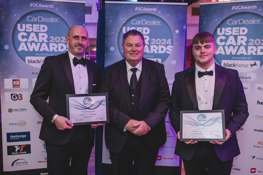 Highly commended in two categories! Mike Brewer, centre, with Snows Brand Manager Paul Wilde, left, and Louis Gaskin, an apprentice technician at Snows Peugeot Portsmouth.